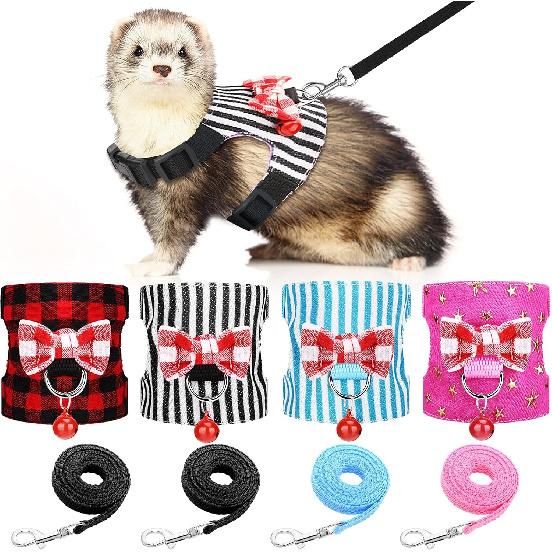 4 Pieces Ferret Harness and Leash Set Ferret Leash Small Pet with Cute Bowknot and Safe Bell Decor Chest Strap Harness for Outdoor Walking Rabbit