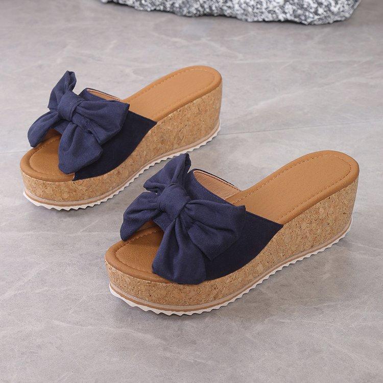 

New bow-tie thick-soled slippers women s cloth one-character wedge-heeled cool slippers 42 Темно-синій