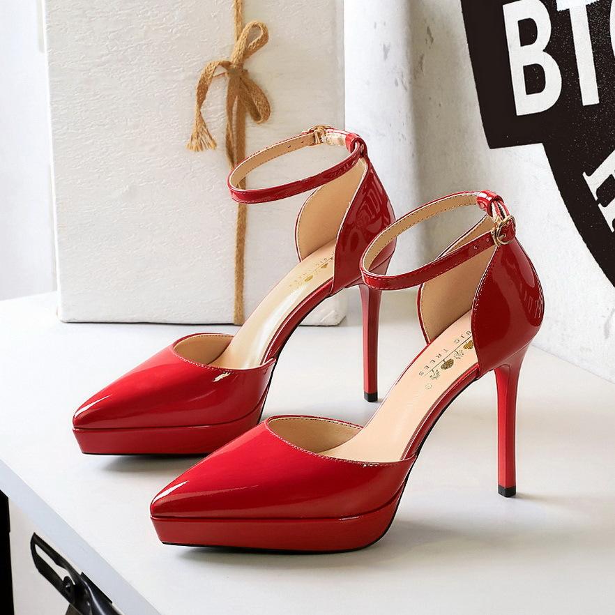 Fashion Elegant High Heels Women's Waterproof Platform Pointed Toe Patent Leather Glossy Thin Heel Hollow Strap Sandals Women's Shoes