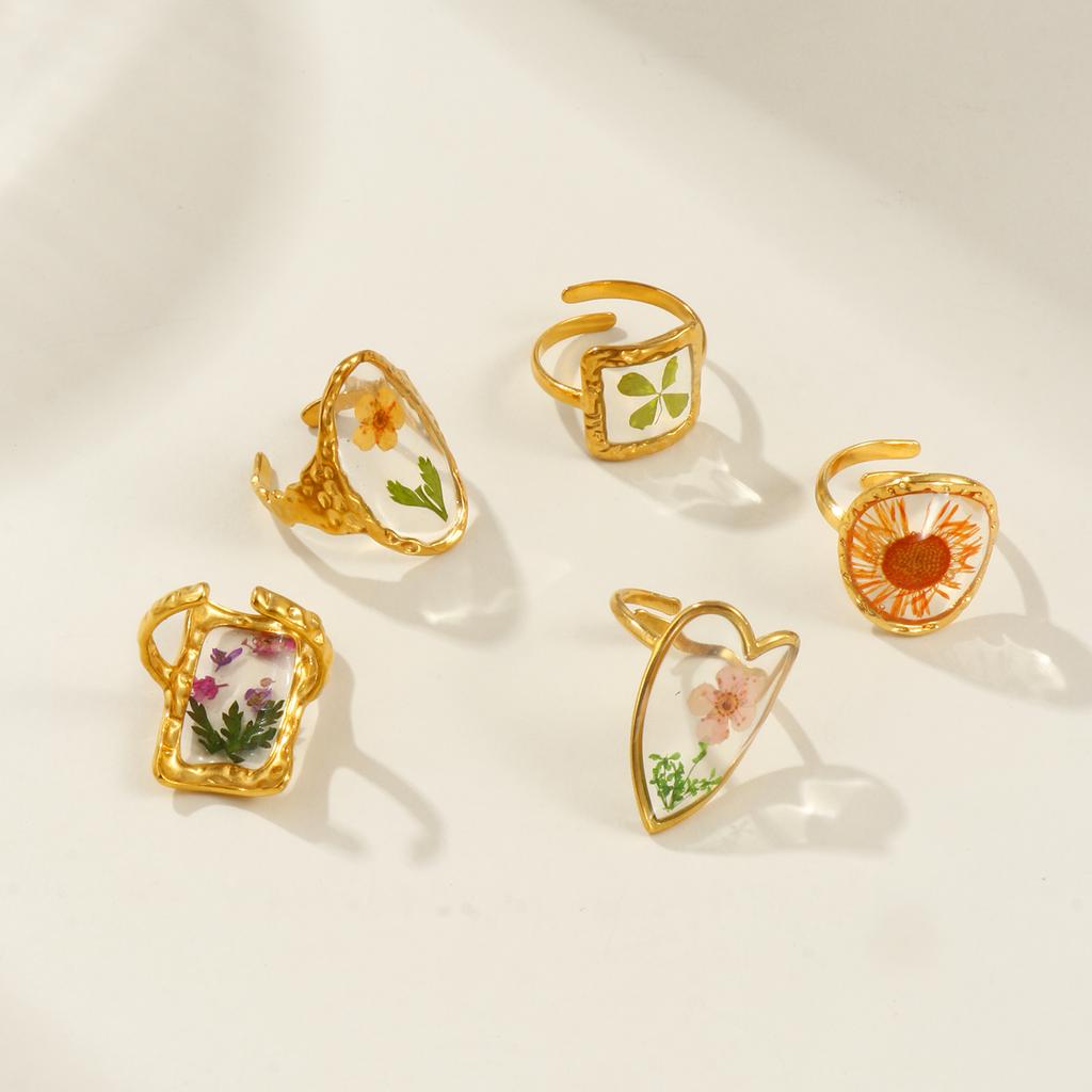 1 Piece Stylish Handmade Resin Jewelry Flower 18K Gold Plated 304 Stainless Steel Open Adjustable Geometric Rings For Women Gift