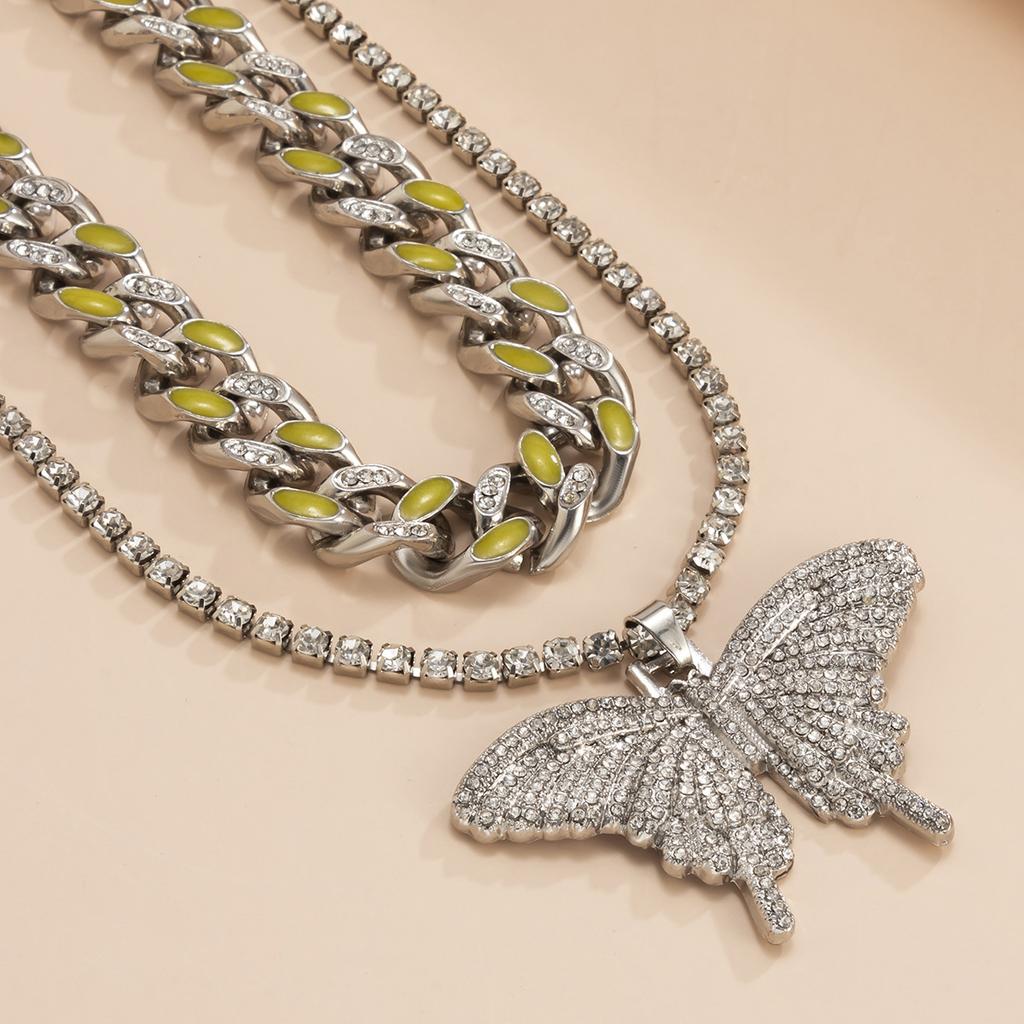 Punk Style Diamond-Encrusted Cuban Chain Necklace, Retro Dripping Oil Luminous Metal Chain Necklace For Women