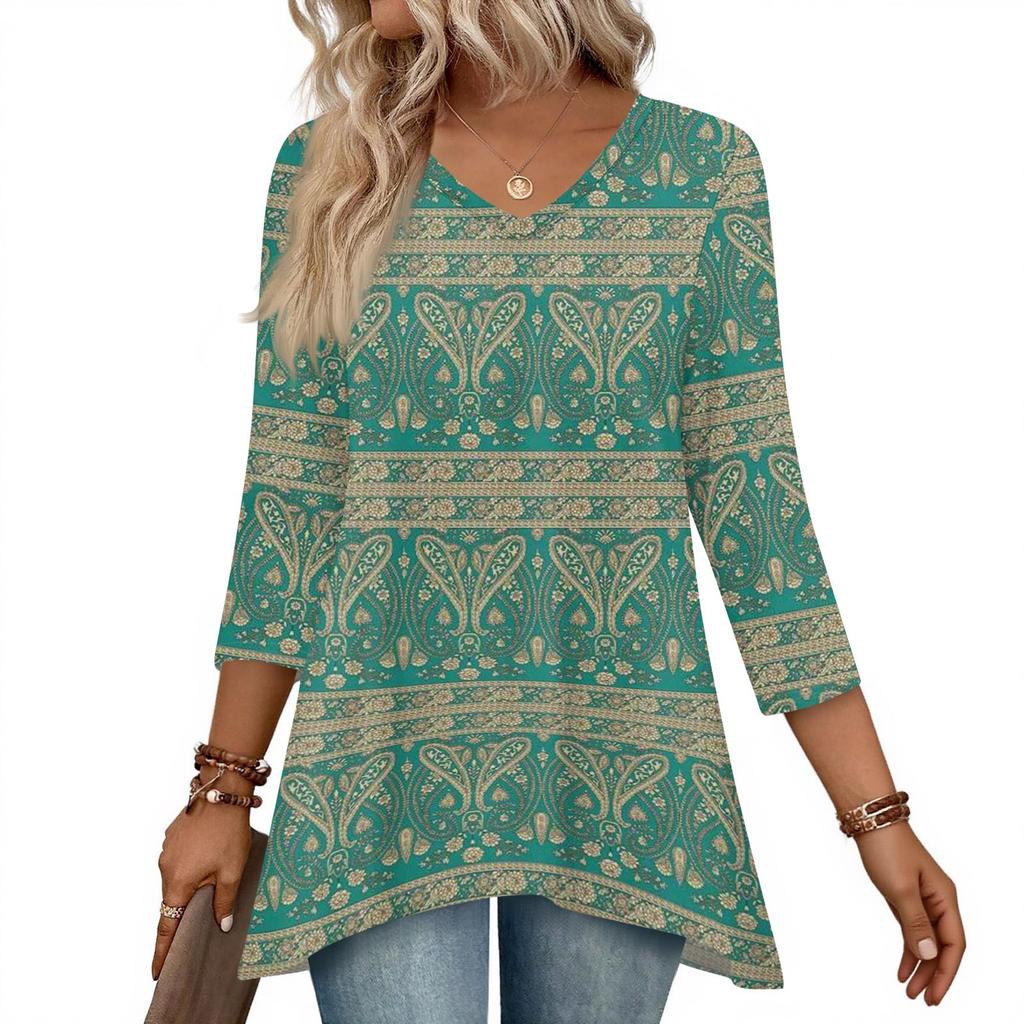 Womens Tops V-neck 3/4 Sleeve Blouses Casual Mid-length Shirts Fashion Print Tunic Tops
