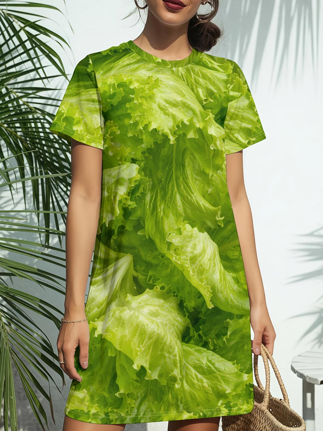 

Green Forest New Women S Round Neck Short Sleeve T-Shirt Dress. American Style Trendy Digital Print. Casual And Versatile for Spring And Summer. Elega XS