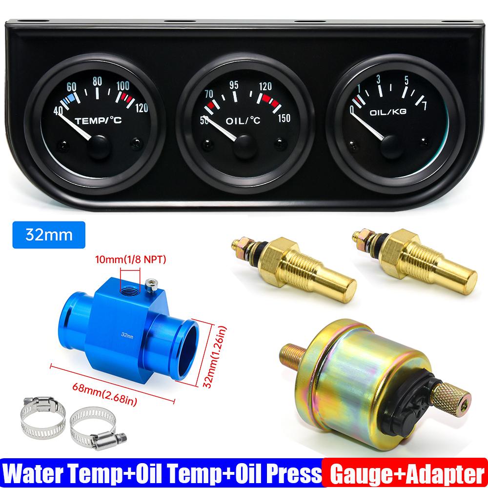 3IN1 Wassertemperaturanzeige+Öltemperaturanzeige+Öldruckanzeige mit Kühlerschlauchadapter 26MM-40MM Auto Dreifach-Anzeigen-Kit 12V