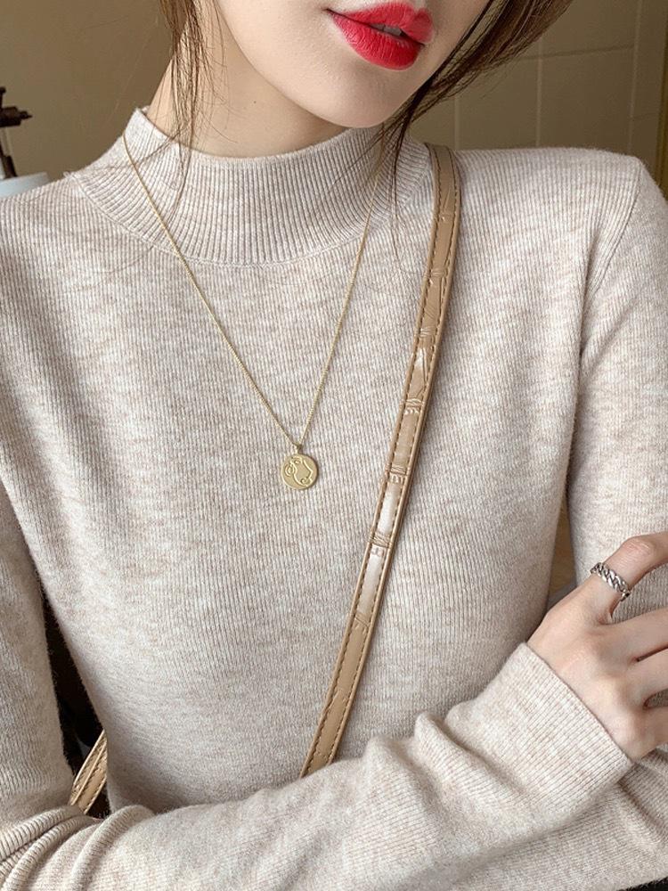 2024 Autumn Winter Women's Lazy Style Long Sleeve Knit Sweater with Half High Neck