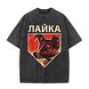 2026 Vintage Soviet Laika Space Dog Retro Print Graphic Black Acid Washed T Shirt Historic Astronaut Dog Casual Oversized Unisex