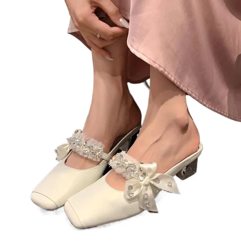 Fashion Female Shoes on Sale 2025 Fashion Closed Toe Women's Slippers Elegant Rhinestones Bow Tie Sandals Outdoor Daily Dress Slippers