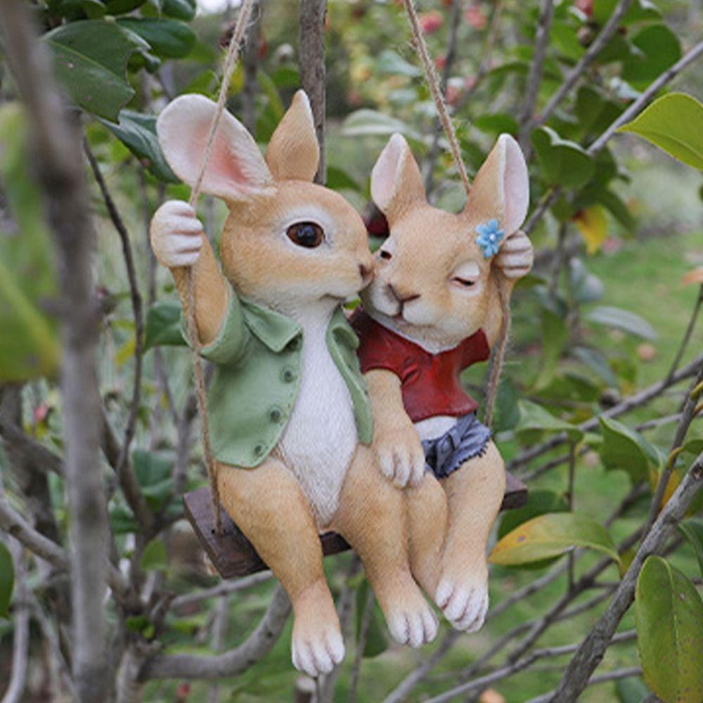 Garden Decor Resin Swing Couple Rabbit Ornament Cartoon Cute Animal Sculpture Hanging Creative Bunny Statue Pendant Courtyard