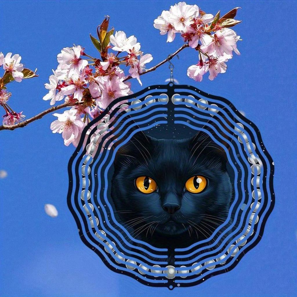 Závěsná větrná zvonkohra Perlová Černá Kočka Vzor Směrovka Větru Gyro Kovová Dekorace pro Venkovní Zahradu Patio Vnitřní Prostor Ideální Dárek pro Festival