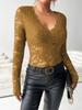 Elegant V-Neck Fan Collar Solid Color Long Sleeve Slim Fit Ruffle Lace Top