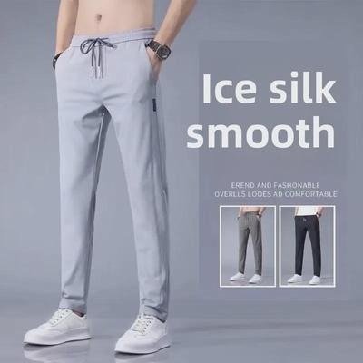 Pantalon décontracté en soie glacée pour homme Xiaxiu: Pantalon de sport respirant, droit, ample et à neuf points