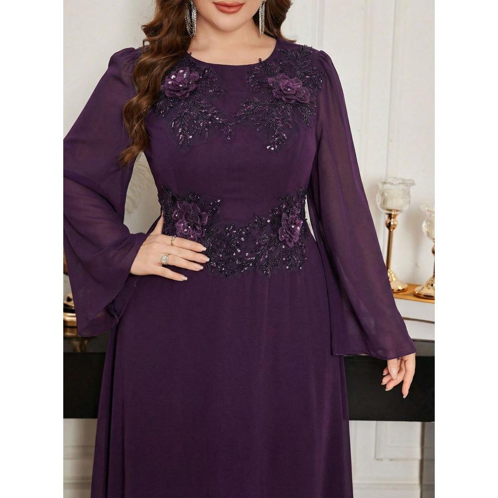 Plus Size Elegant Round Neck Beaded Embroidered Sequin Evening Gown Formal Wedding Party Bridesmaid Dress