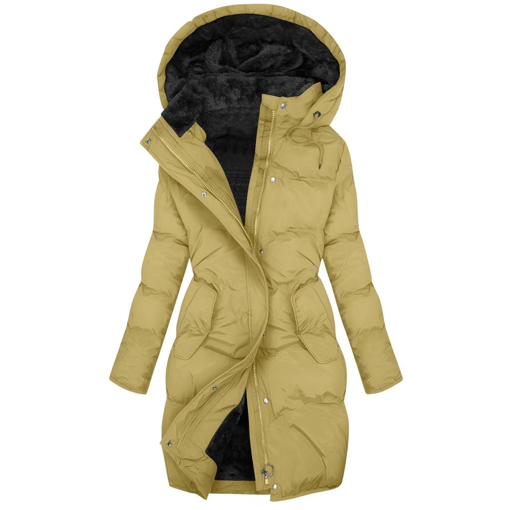 Women's Fashion Solid Color Long Sleeved Hooded Long Zipper Cotton Jacket Warm Coat Down Jacket