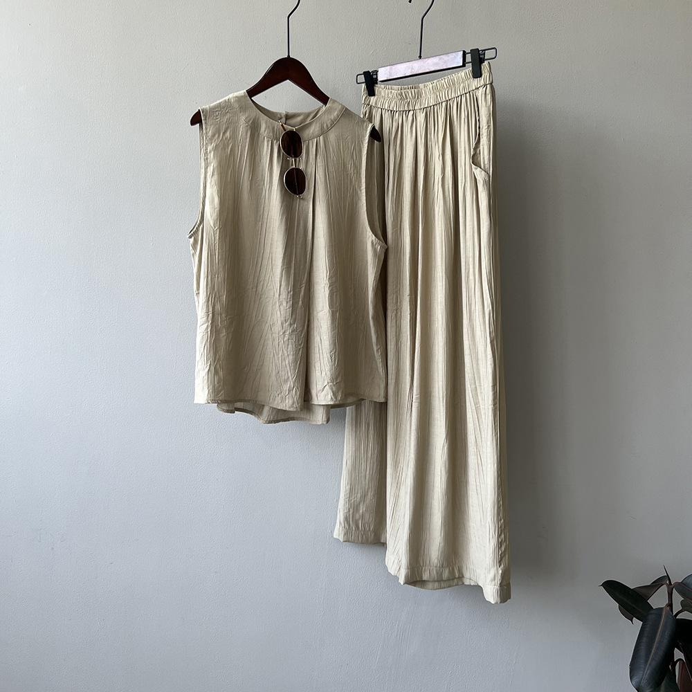 

Johnature Тонкий жилет без рукавов, женские летние плиссированные рубашки, широкие брюки, повседневные комплекты из двух предметов, простые мягкие свободные комплекты M хаки