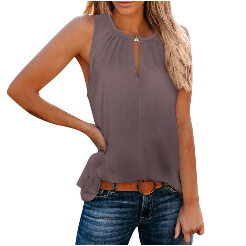 VEZFAA Women's Fashion Casual Summer Spring Solid Color Print Sleeveless V-Neck Blouses & Shirts