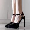 Women Pumps Sexy Stilettos Fashion Bowknot Pointed Toe Thin Ankle Strap Flock Ladies High Heels Female BLACK Wedding Shoes