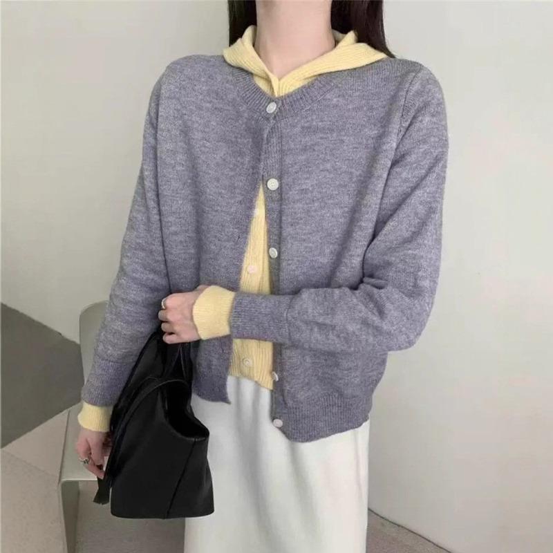 Fake Two-piece Color Matching Hooded Knitted Cardigan Women's Autumn and Winter New Lazy Wind Casual Small Sweater Jacket