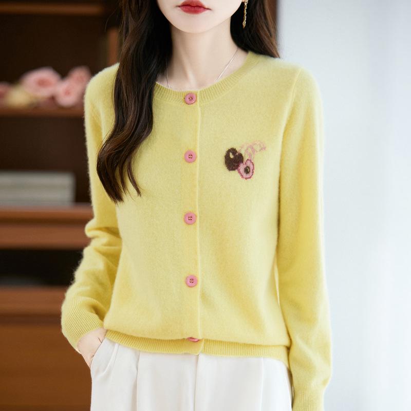Women's Autumn Embroidered Round Neck Single-Breasted Wool Knit Cardigan