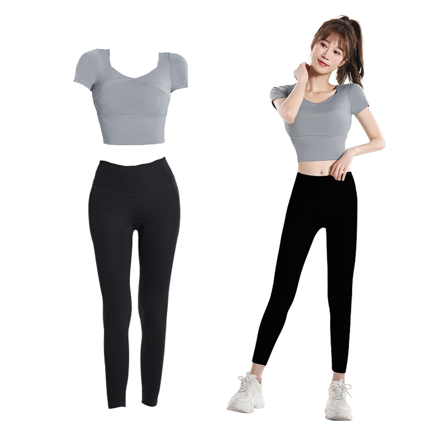 

SooPii Топ и низ для йоги Спортивная и тренировочная одежда Комплект с половинным спортивным топом для йоги и леггинсами Высокий серый Женский комплект, Одежда, Комплект из 2 предметов с рукавами, Бюстгальтер, Брюки,