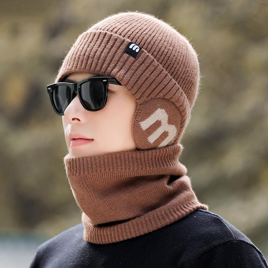 Knitted Hat Men's Winter Thick Letter Warm Cap Scarf Set Big Head Waving Elastic Pullover Cap