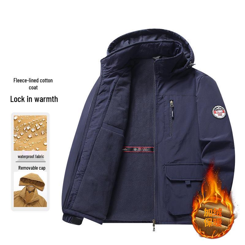 

Men s Fleece-Lined Hooded Jacket for Autumn/Winter - Thick, Warm, Zip-Up Outerwear for All Ages M (90-105 jin) темно-синього кольору