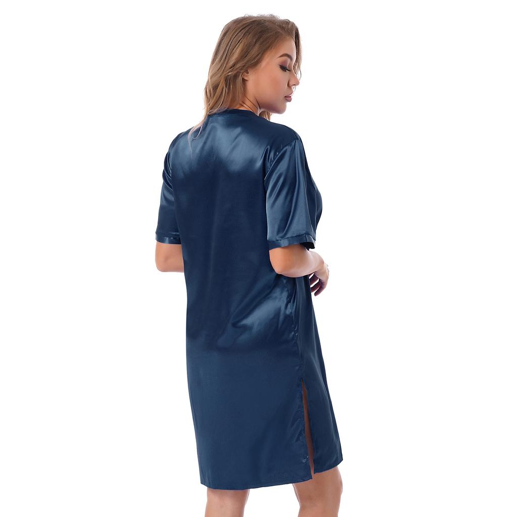 Womens Satin V Neck Nightgown Short Sleeve Split Side Nightdress Elegant Sleepwear Comfortable Loungewear