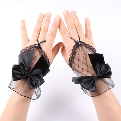 Lace Mesh Hollow Bow Gloves Black Short Fingerless Sleeves Bride Wedding White Sheer Gloves Girls Cosplay Decoration