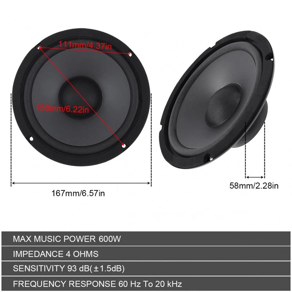 2 szt. 6 cali 600 W 2-drożny głośnik współosiowy HiFi do samochodu Drzwi pojazdu Auto Audio Muzyka Stereo Subwoofer Głośniki o pełnym zakresie częstotliwości