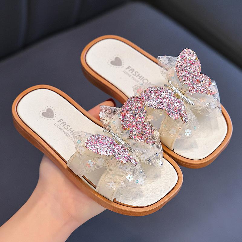 Girls  Indoor And Outdoor Non-slip Soft-soled Slippers Summer Children s Butterfly Beach Princess Flip-flops 26-27