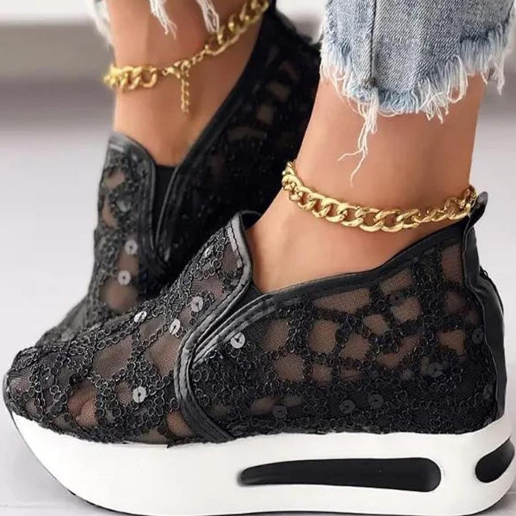 Platform Wedges Women Sneakers Floral Embroidery Mesh Sneakers Women Slip On Casual Comfy Heeled Shoes for Woman Tenis Feminino