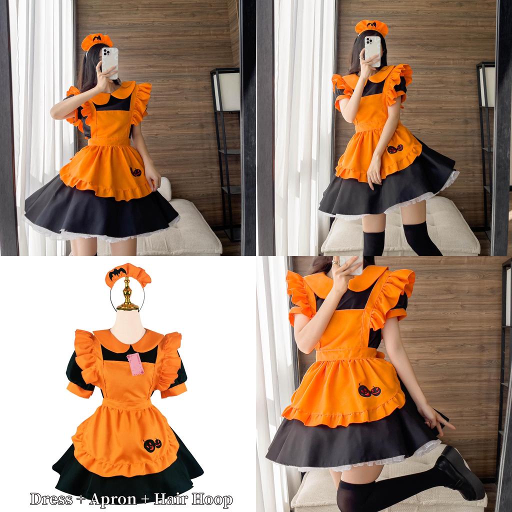 Feminine Lolita Halloween Party Dress With Pumpkin Apron And Headdress