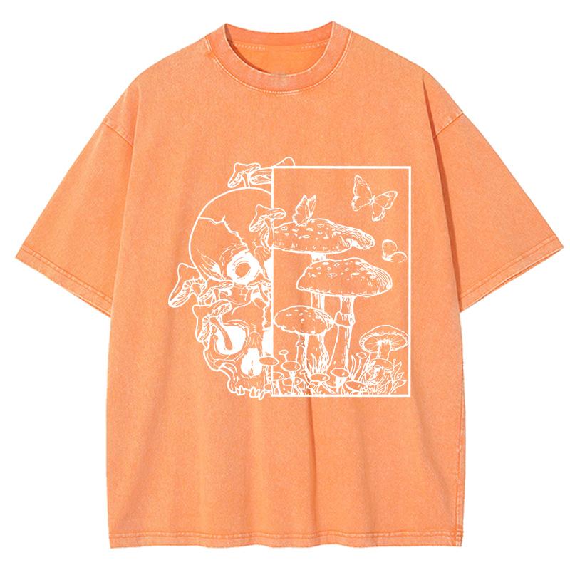 Skeleton Growing In Mushrooms Butterfly Print Washed T Shirt Women Summer Clothes Trendy O-Neck Tops Cotton Streetwear