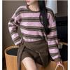 Women Striped Knit Sweater Two Piece Set Off Shoulder Shawl Collar Pullover Fall Winter Korean Style