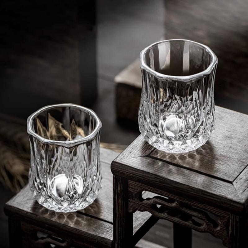 1/6Pcs Embossed Glass 50ml Spirits Cups Engraved Tea Drinking Baijiu Cup Water Glass Small Capacity Household Small Wine Cup
