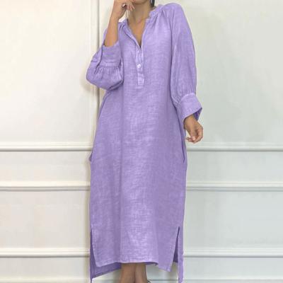Modisches und lässiges einfarbiges Kleid aus Baumwolle und Leinen für Damen
