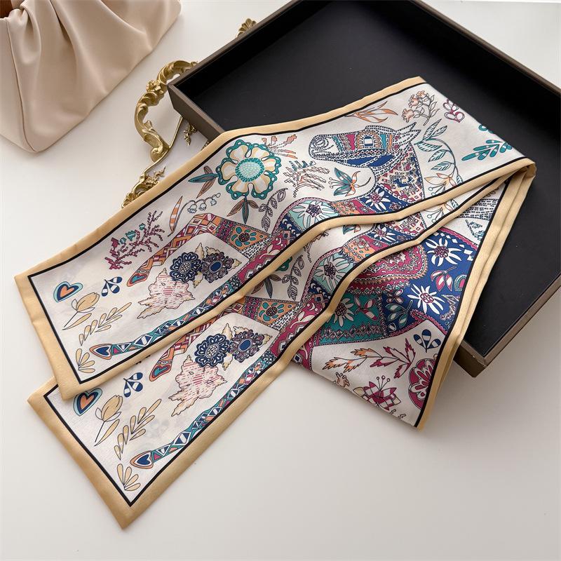 Luxurious Double-layered Scarf with Tassels, Tie-on Decoration, Suit Necktie, Small Strip Headband, Silk Scarf, Women's Printed
