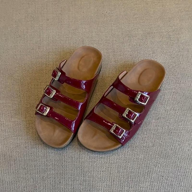 Sheepskin~ Soft-soled slippers women's summer retro belt buckle leather thick-soled women's versatile outer wear cool slippers