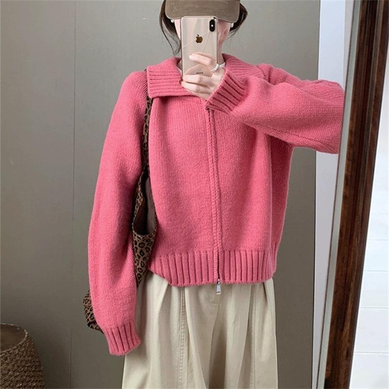 High-end Fashion Lapel Double Zipper Sweater Women's Autumn and Winter New Lazy Style Casual Knitted Cardigan Jacket