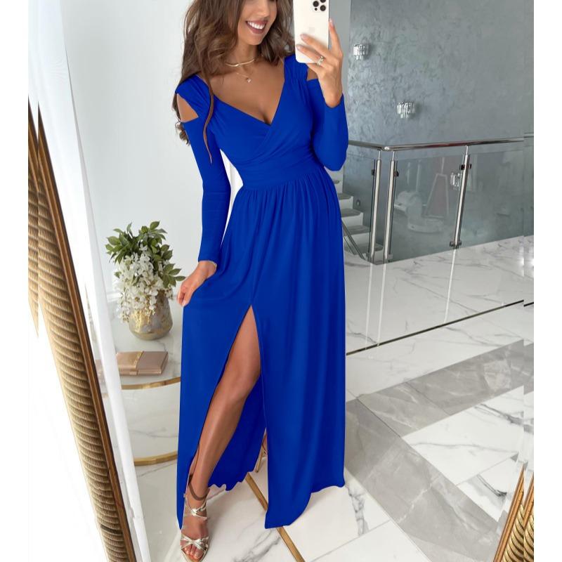 New Long Sleeved Off Shoulder V-neck Party Dress Spring Autumn Solid Color Hem Split A-line Loose Long Evening Dresses Casual Female Slim Fit Clothing