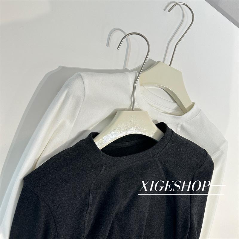 

Women s Brushed Patchwork Long-Sleeve Top: Slim, Versatile, Soft, Skin-Friendly, Round Neck Design for Autumn/Winter темно-серого