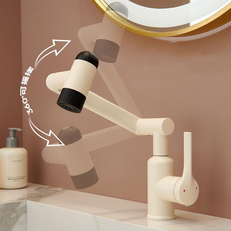 White Universal Rotating Bathroom Basin Faucet Mechanical Arm Washstand Single Hole Single Handle Hot and Cold Water Mixer Tap