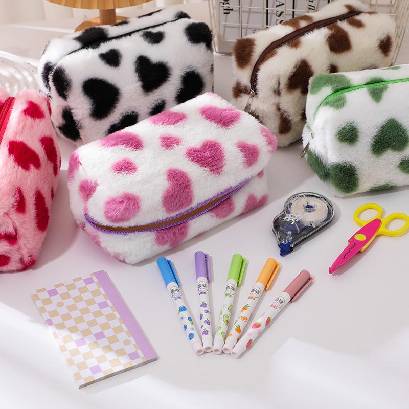 Cute Sweet Heart Pattern Plush Pencil Case Girly Women Large Capacity Cosmetic Bag Travel Portable Storage Bags Organizer Gifts