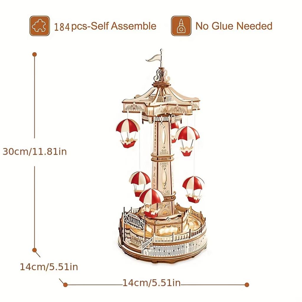 Amazing Playground Wish Parachute Creative 3D Wooden Puzzles for Adults Kids Toy LED Music Box Kits Room Decoration Gift