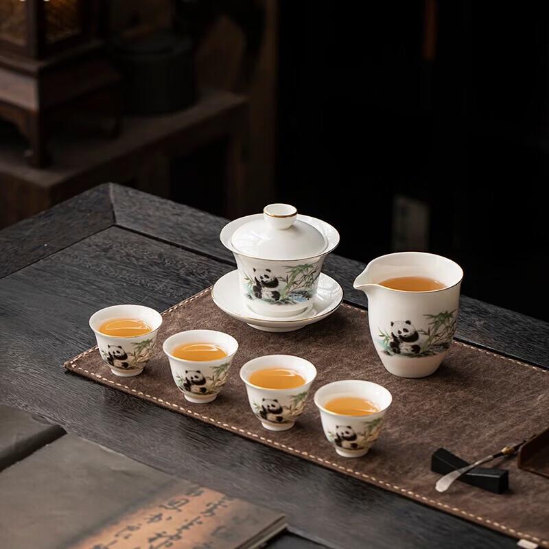 Hongyu Panda Mutton Fat Jade Gaiwan Tea Set