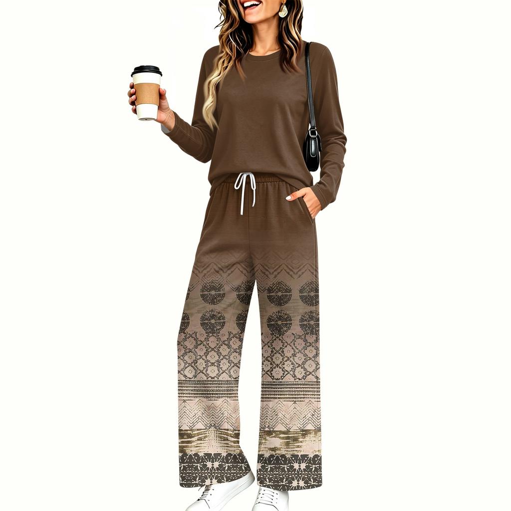 Women's Casual Printed Long Sleeve Round Neck Loose Fit Pajama Set with Pockets for Home Wear