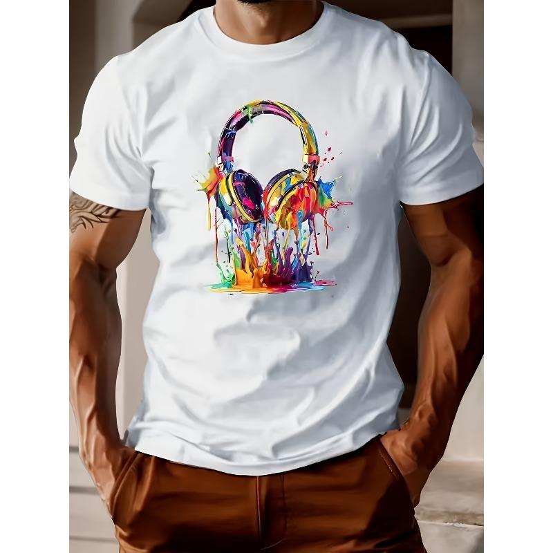 European sizes Men's Music Lover Graphic T-Shirt - Headphones & Paint Splatter Design, Bold Streetwear Casual Round Neck Short Sleeve Tee