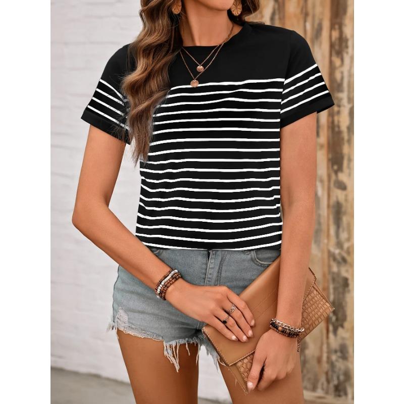 Contrast Striped Short Sleeved Summer Round Neck Pullover for Age Reducing Top, Slimming Casual T-shirt for Women In Black