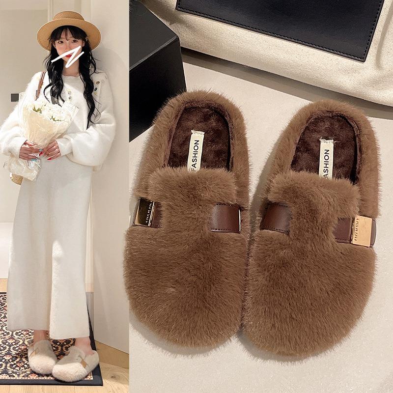 Mao Mao slippers women's autumn and winter new flat-bottomed bag head piled warm cotton slippers women