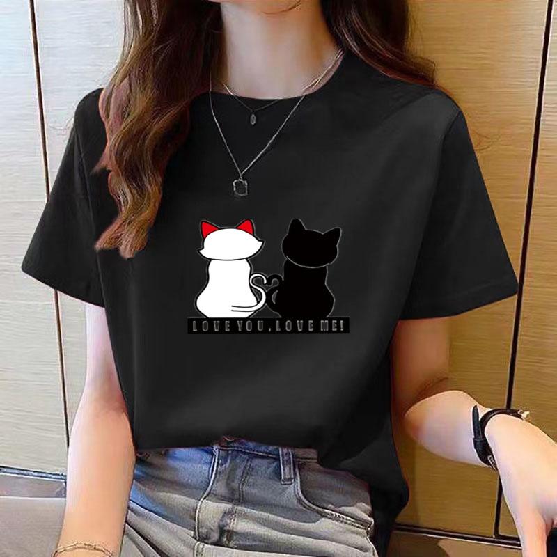 Volný ležérní top s potiskem, krátký rukáv, kulatý výstřih, tričko pro ženy, módní, s kresleným potiskem