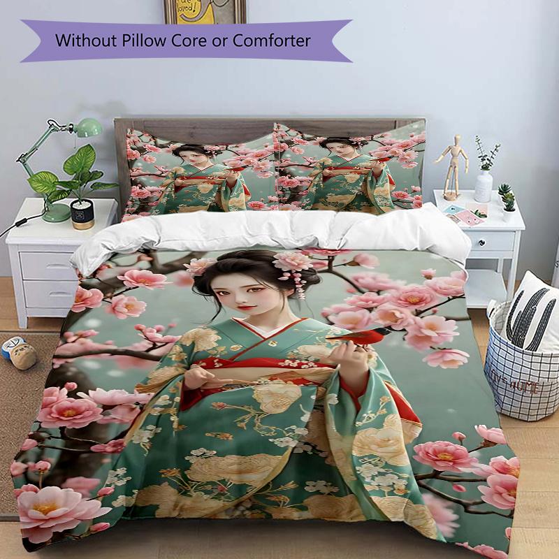 

3pcs Anime Kimono Design Comforter Set with One Quilt Cover and Two Pillowcases (No Core) - Festive Gift for Bedroom Decor, Polyester Fabric, Anime Ca 135x200cm